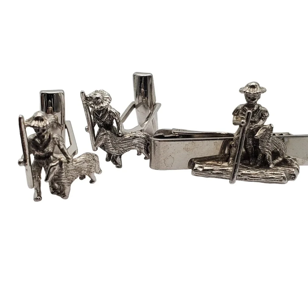Boy & Dog Cufflinks Tie Bar Sarah Coventry Clip Clasp Silver Tom Sawyer Vintage